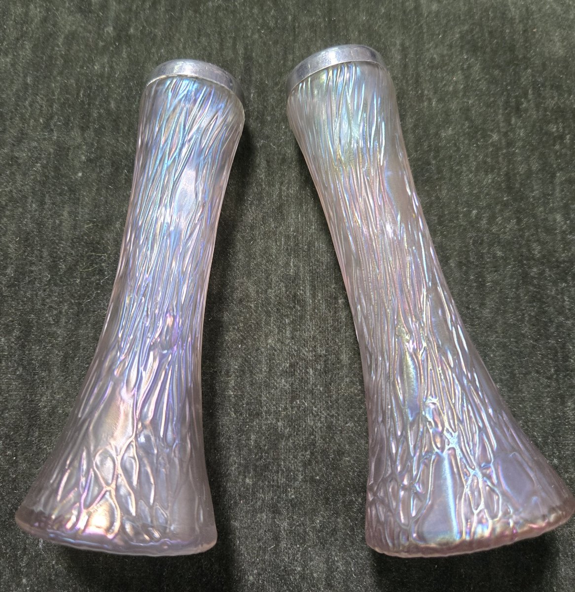 Pair Of Iridescent Glass Vases With Relief Decoration Evoking Plant Or Organic Motifs-photo-2