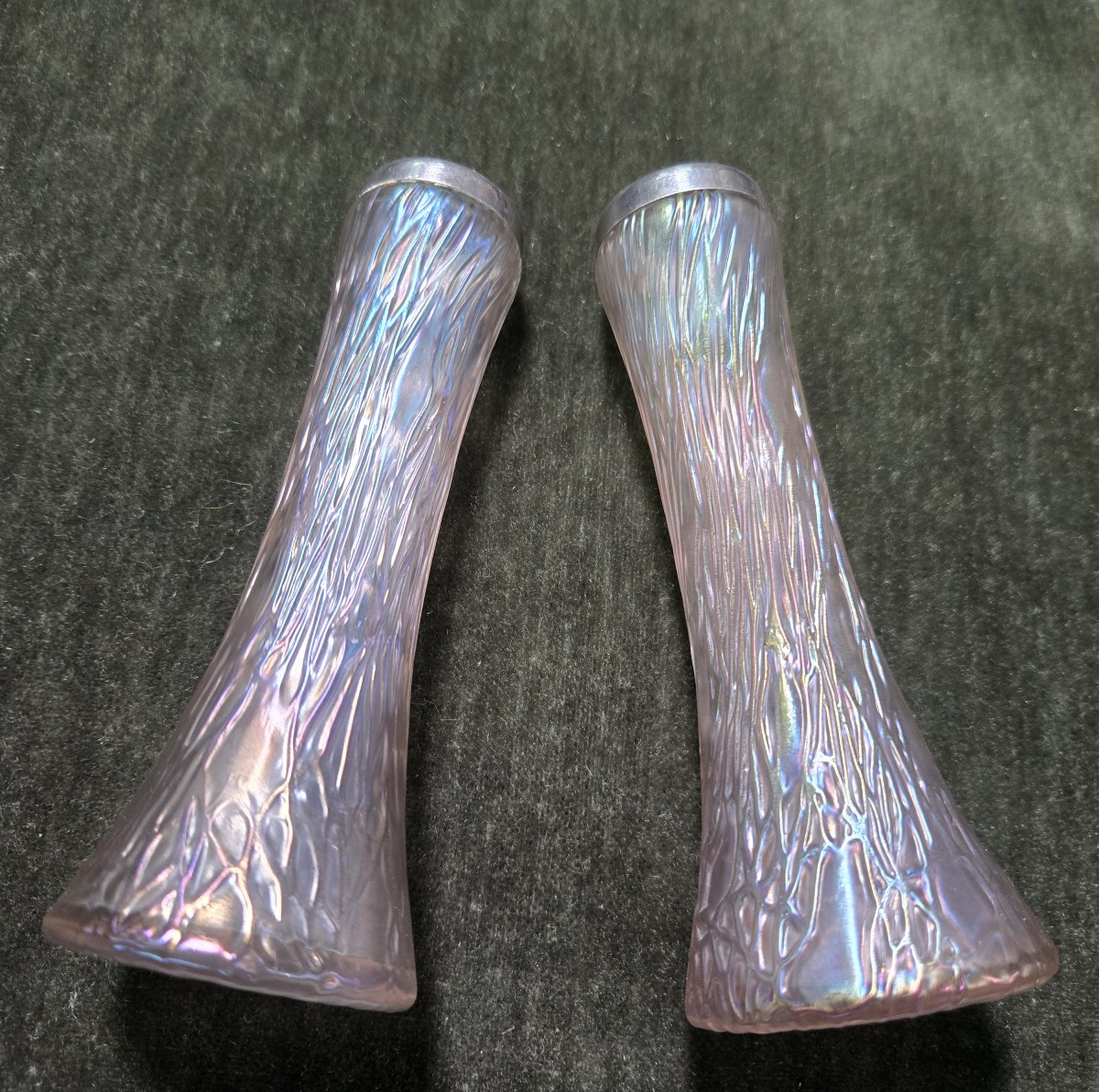 Pair Of Iridescent Glass Vases With Relief Decoration Evoking Plant Or Organic Motifs