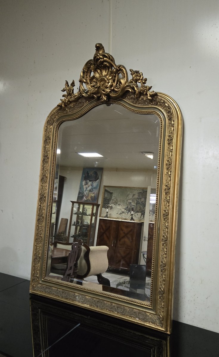 Large Mirror In Carved And Gilded Wood, Rectangular Shape With Curved Top-photo-2