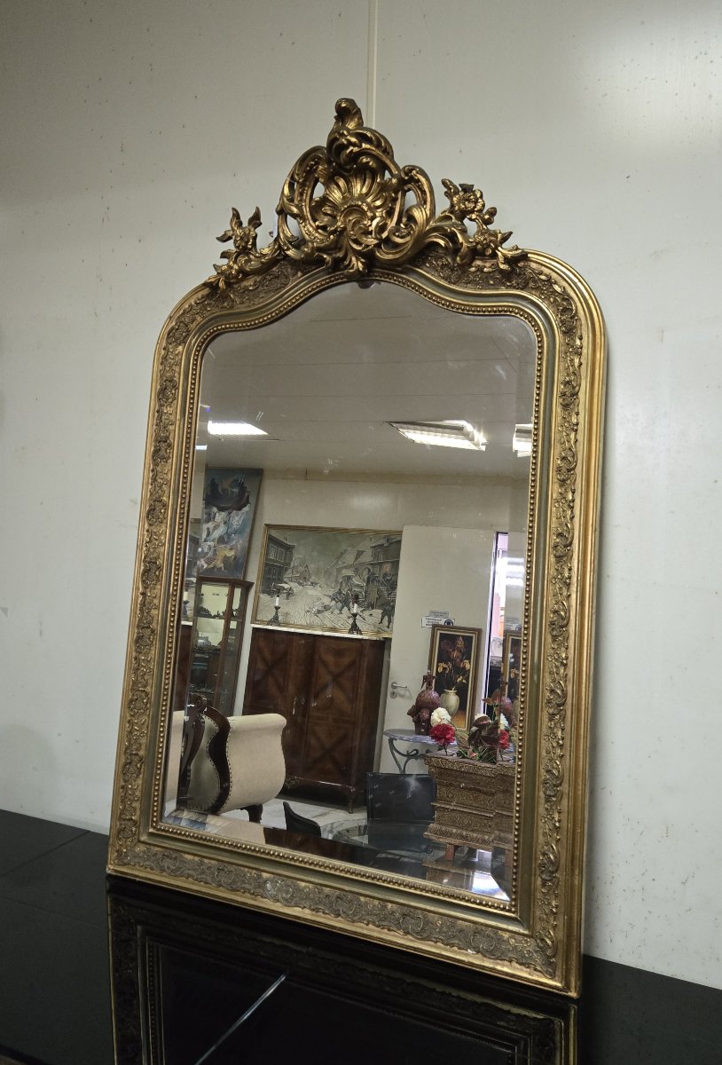 Large Mirror In Carved And Gilded Wood, Rectangular Shape With Curved Top-photo-3