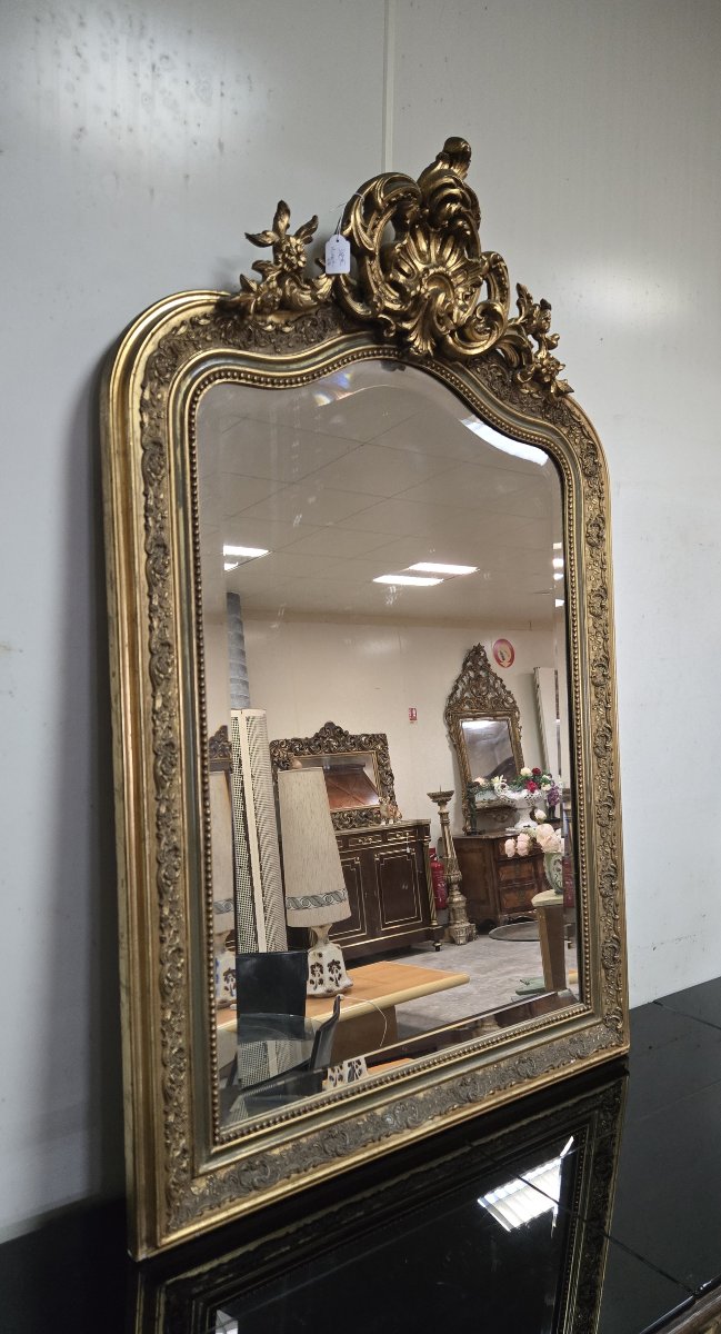 Large Mirror In Carved And Gilded Wood, Rectangular Shape With Curved Top-photo-4