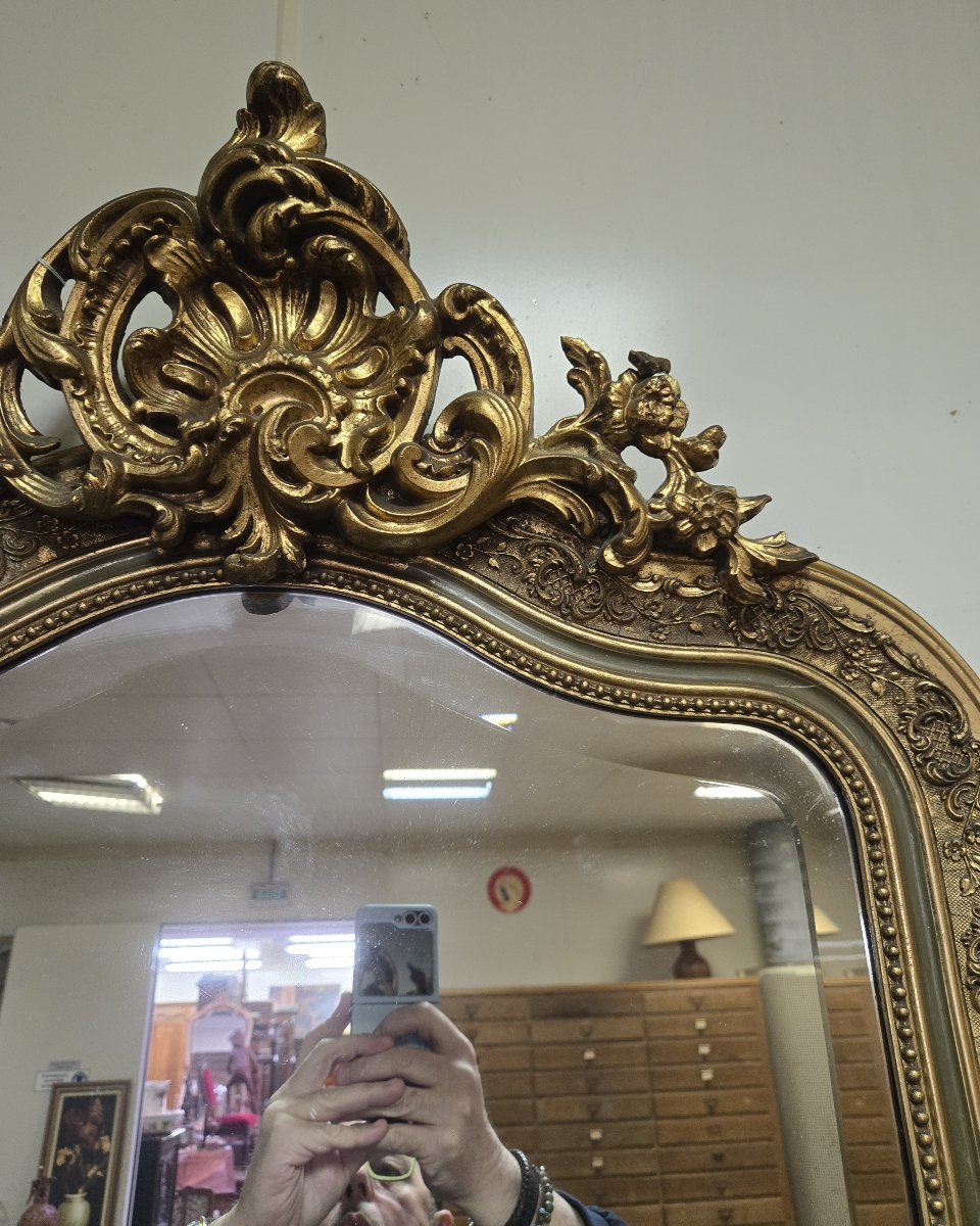Large Mirror In Carved And Gilded Wood, Rectangular Shape With Curved Top-photo-6