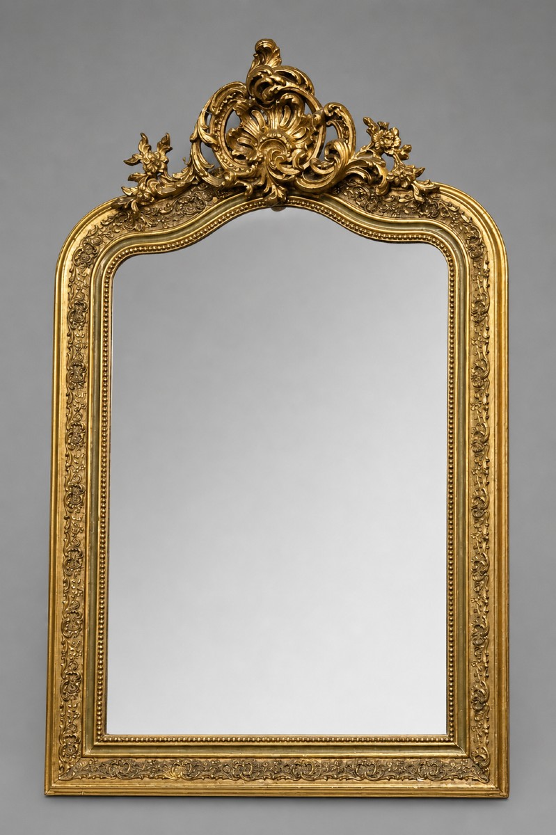 Large Mirror In Carved And Gilded Wood, Rectangular Shape With Curved Top