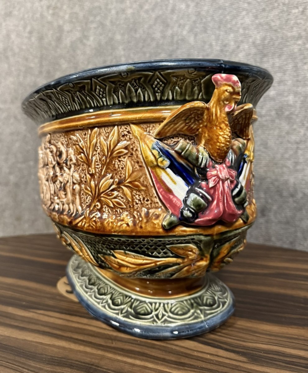 Jardinière en barbotine polychrome, travail Français de la fin du XIXe siècle-photo-4