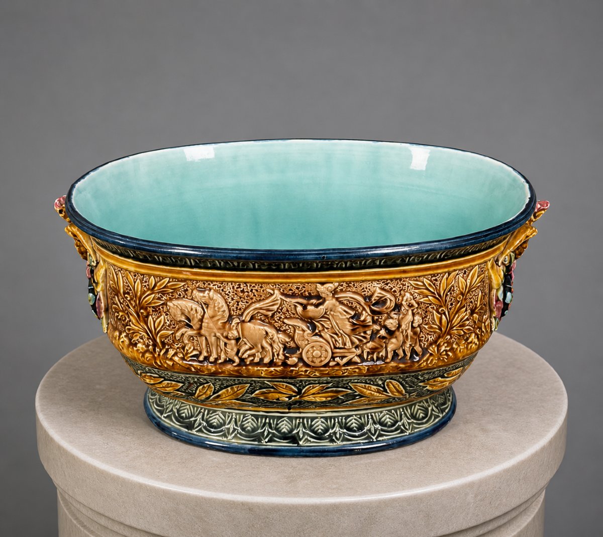 Jardinière en barbotine polychrome, travail Français de la fin du XIXe siècle-photo-6