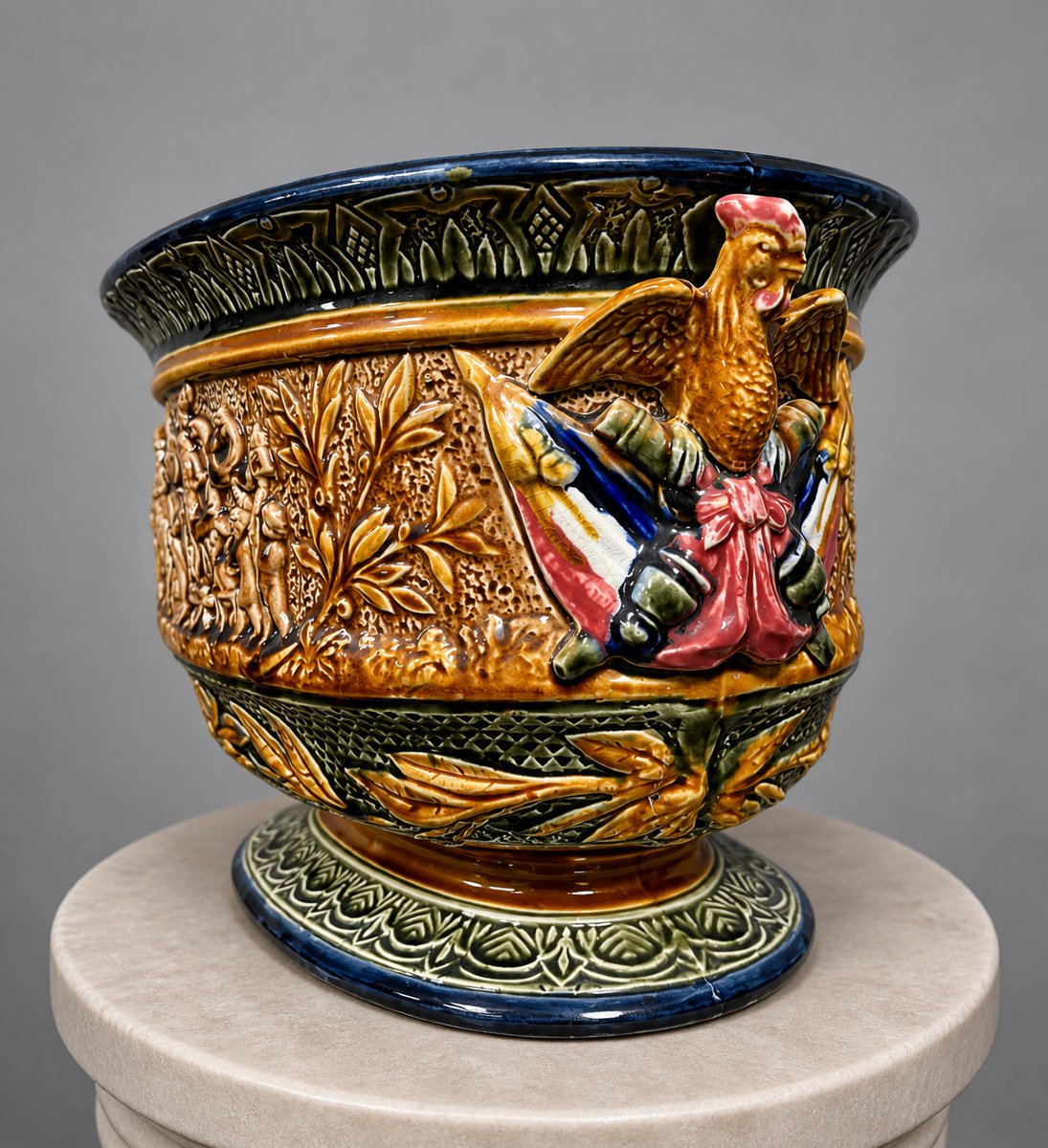 Jardinière en barbotine polychrome, travail Français de la fin du XIXe siècle-photo-7