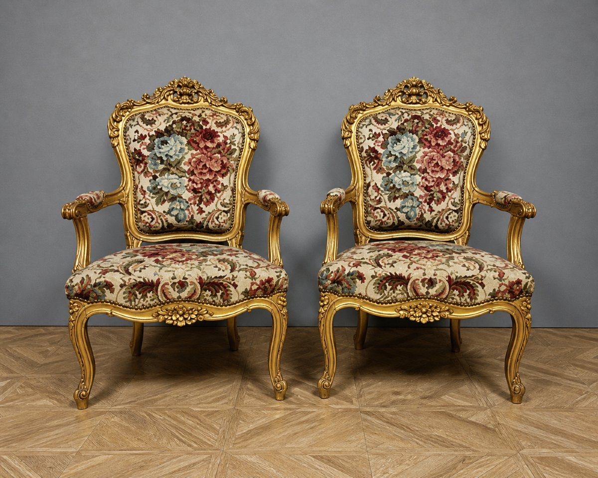 Paire de fauteuils cabriolet en bois sculpté et doré, de style Louis XV-photo-2