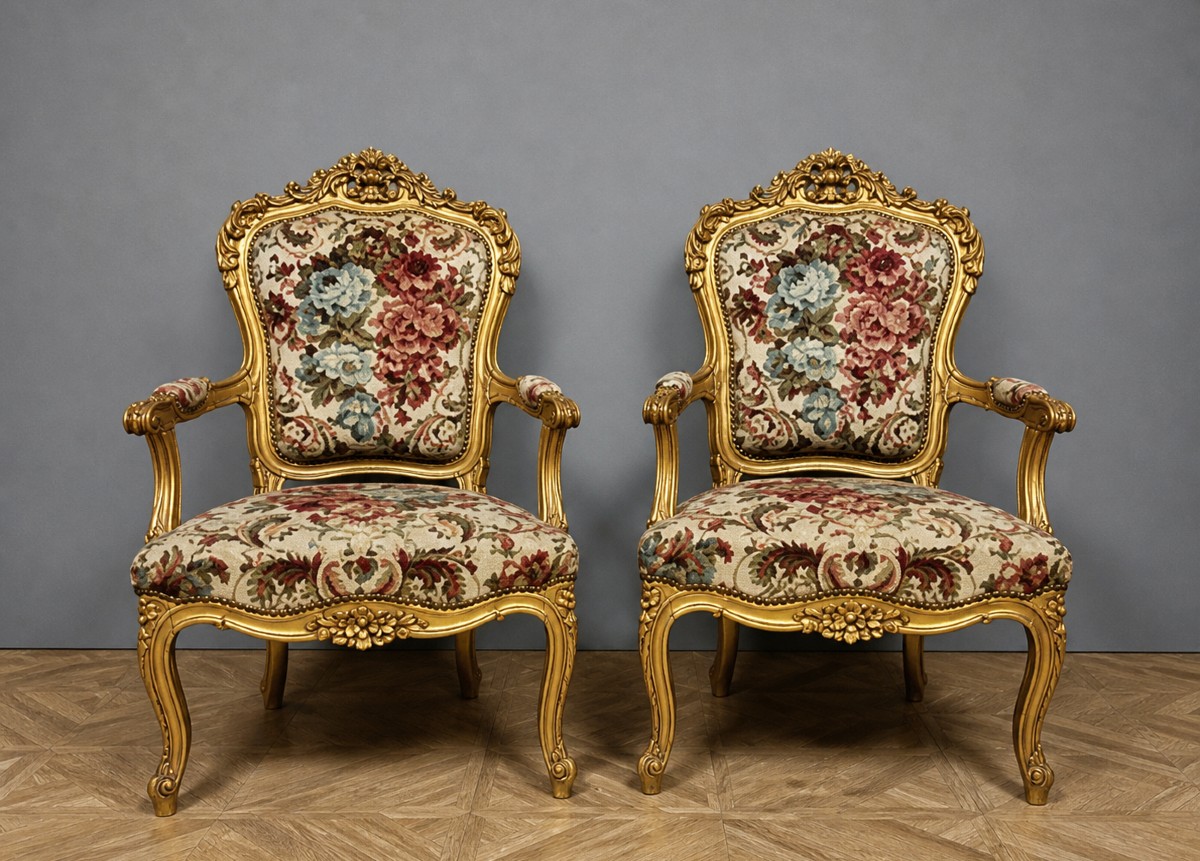 Paire de fauteuils cabriolet en bois sculpté et doré, de style Louis XV