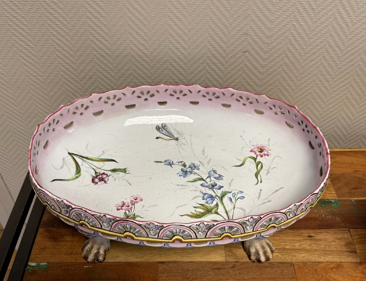 Saint Clément: Large Polychrome Openwork Earthenware Centerpiece Or Oval Planter-photo-1