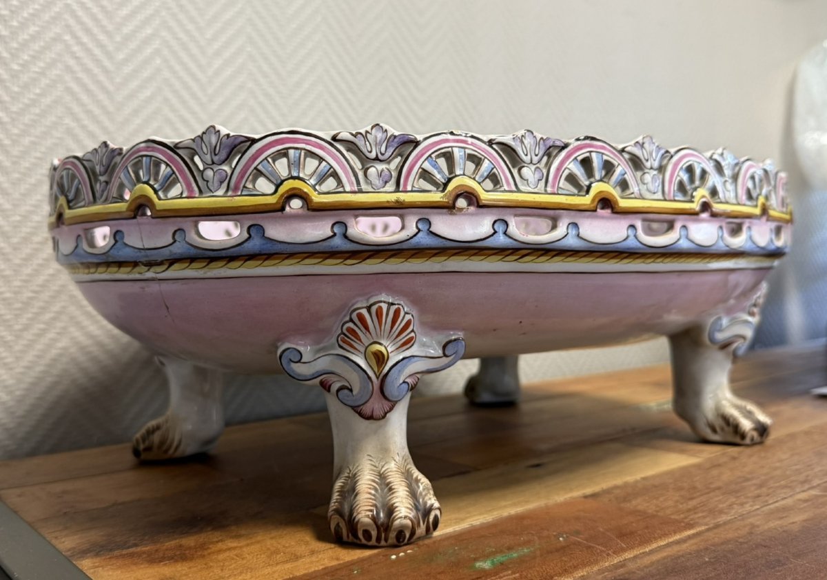 Saint Clément: Large Polychrome Openwork Earthenware Centerpiece Or Oval Planter-photo-2