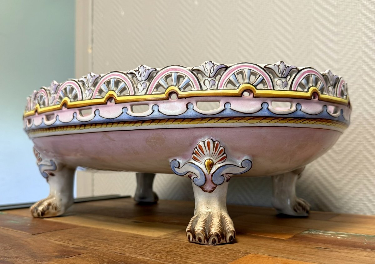 Saint Clément: Large Polychrome Openwork Earthenware Centerpiece Or Oval Planter-photo-3