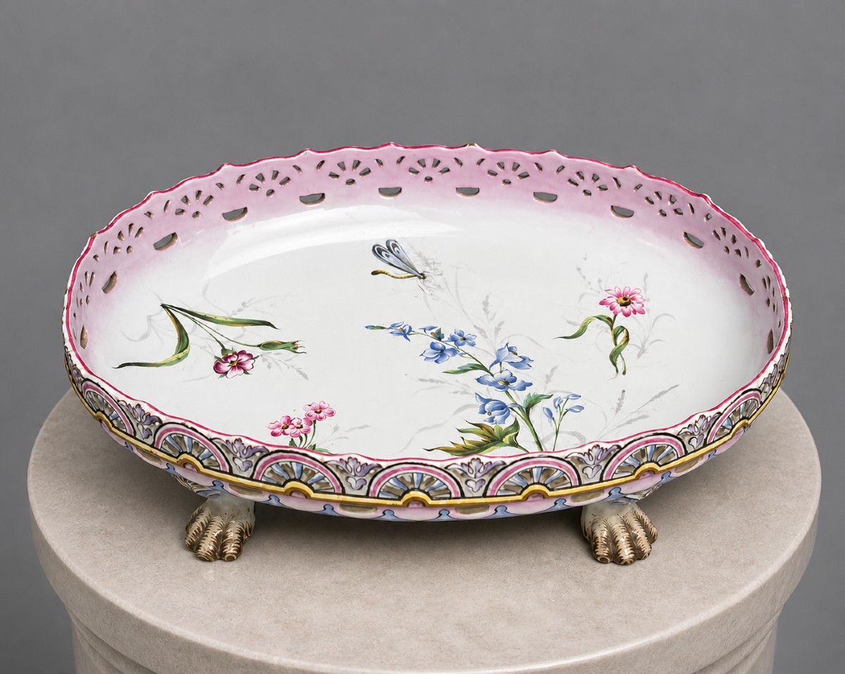 Saint Clément: Large Polychrome Openwork Earthenware Centerpiece Or Oval Planter