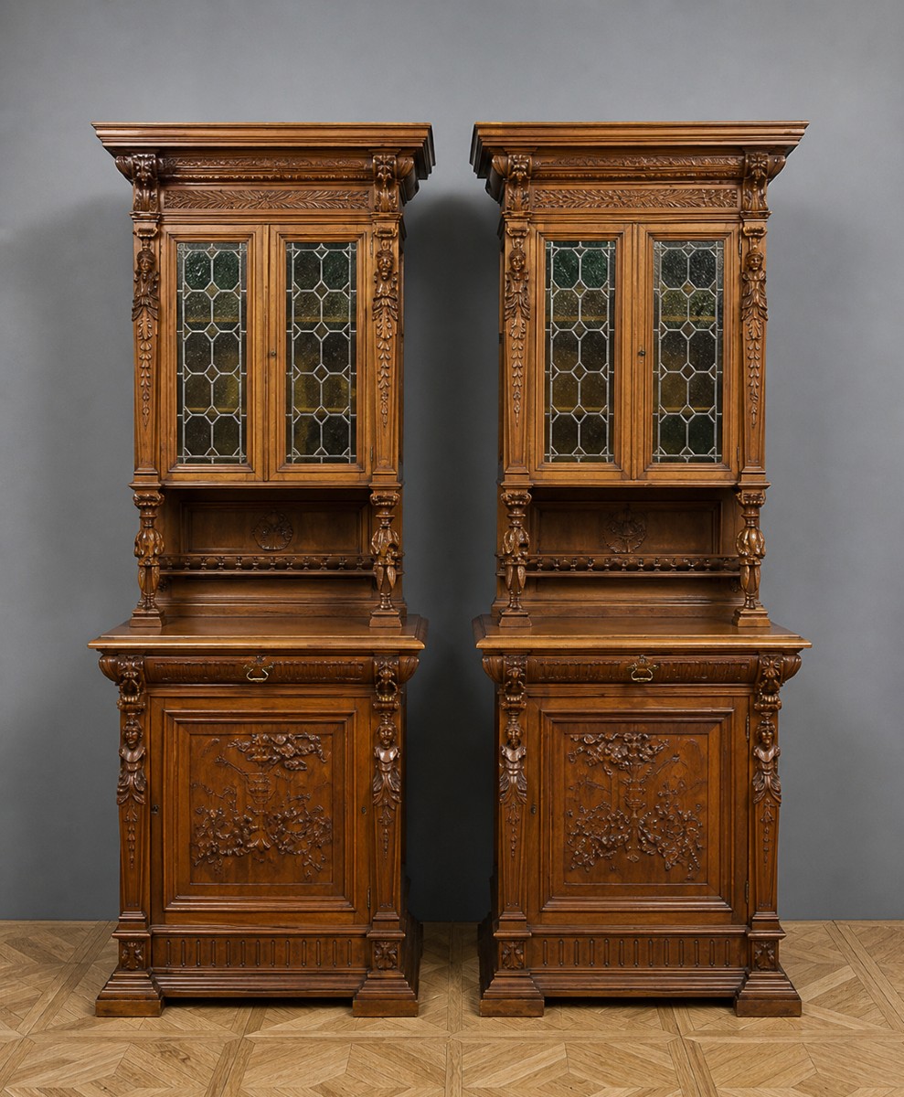 Important Pair Of Richly Carved Renaissance-style Two-body Sideboards