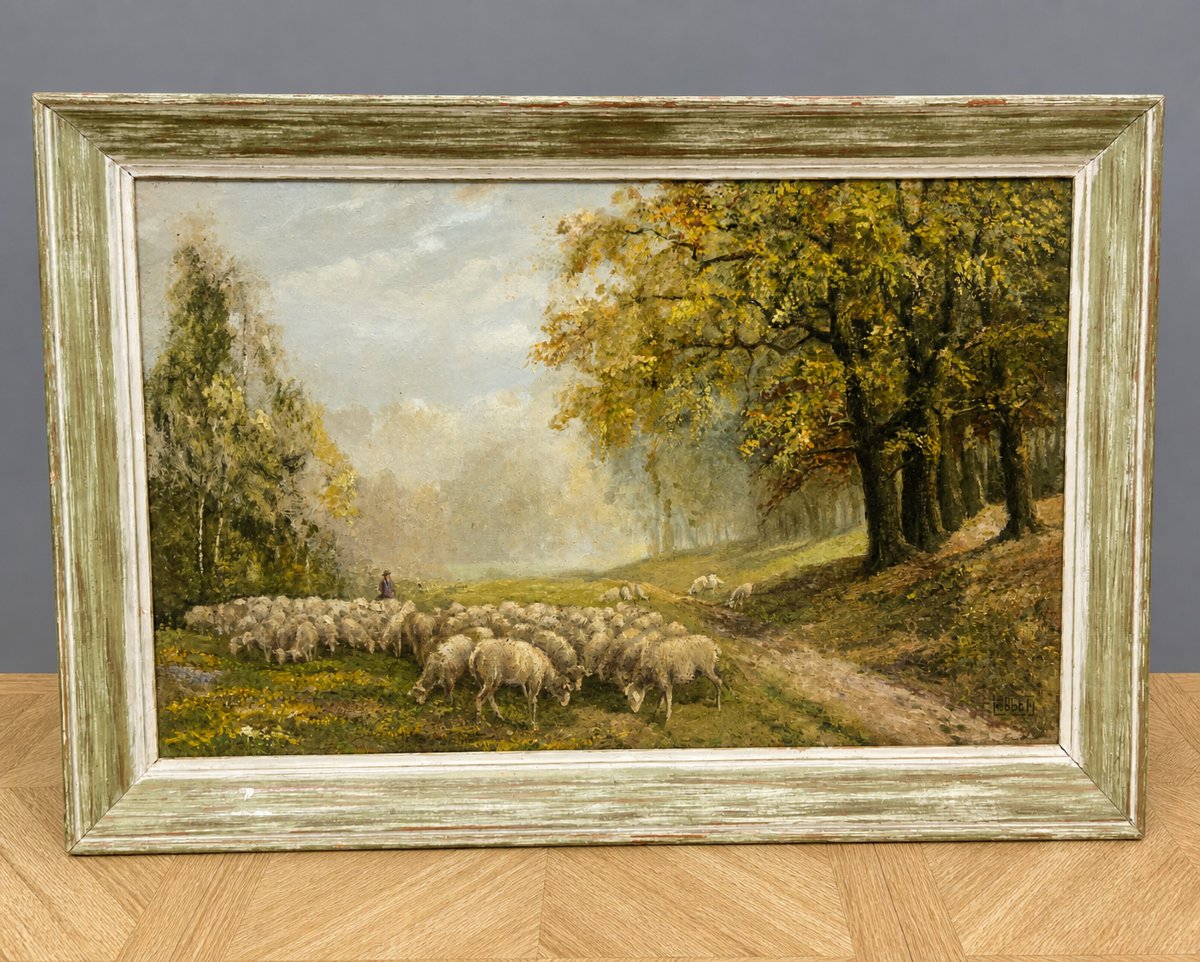 Oil On Canvas Depicting A Flock Of Sheep In A Forest Landscape-photo-1