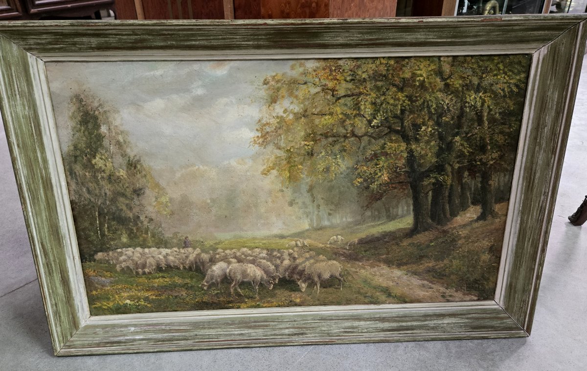Oil On Canvas Depicting A Flock Of Sheep In A Forest Landscape-photo-2