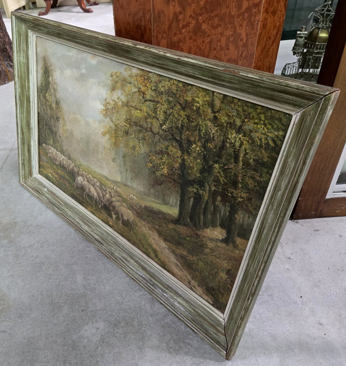 Oil On Canvas Depicting A Flock Of Sheep In A Forest Landscape-photo-4