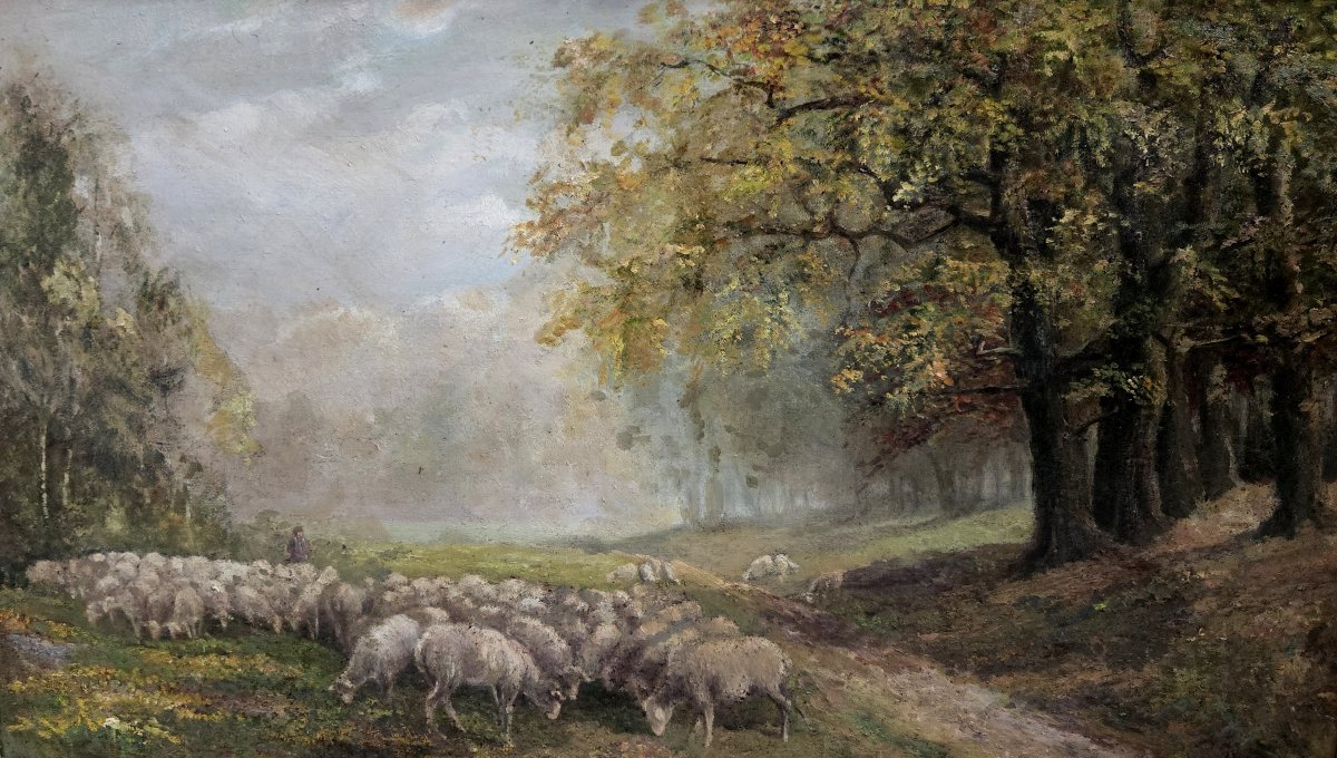 Oil On Canvas Depicting A Flock Of Sheep In A Forest Landscape-photo-5
