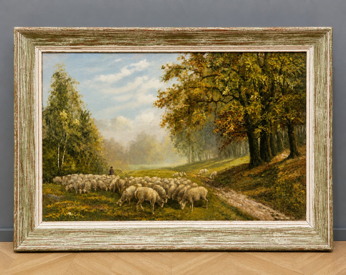 Oil On Canvas Depicting A Flock Of Sheep In A Forest Landscape