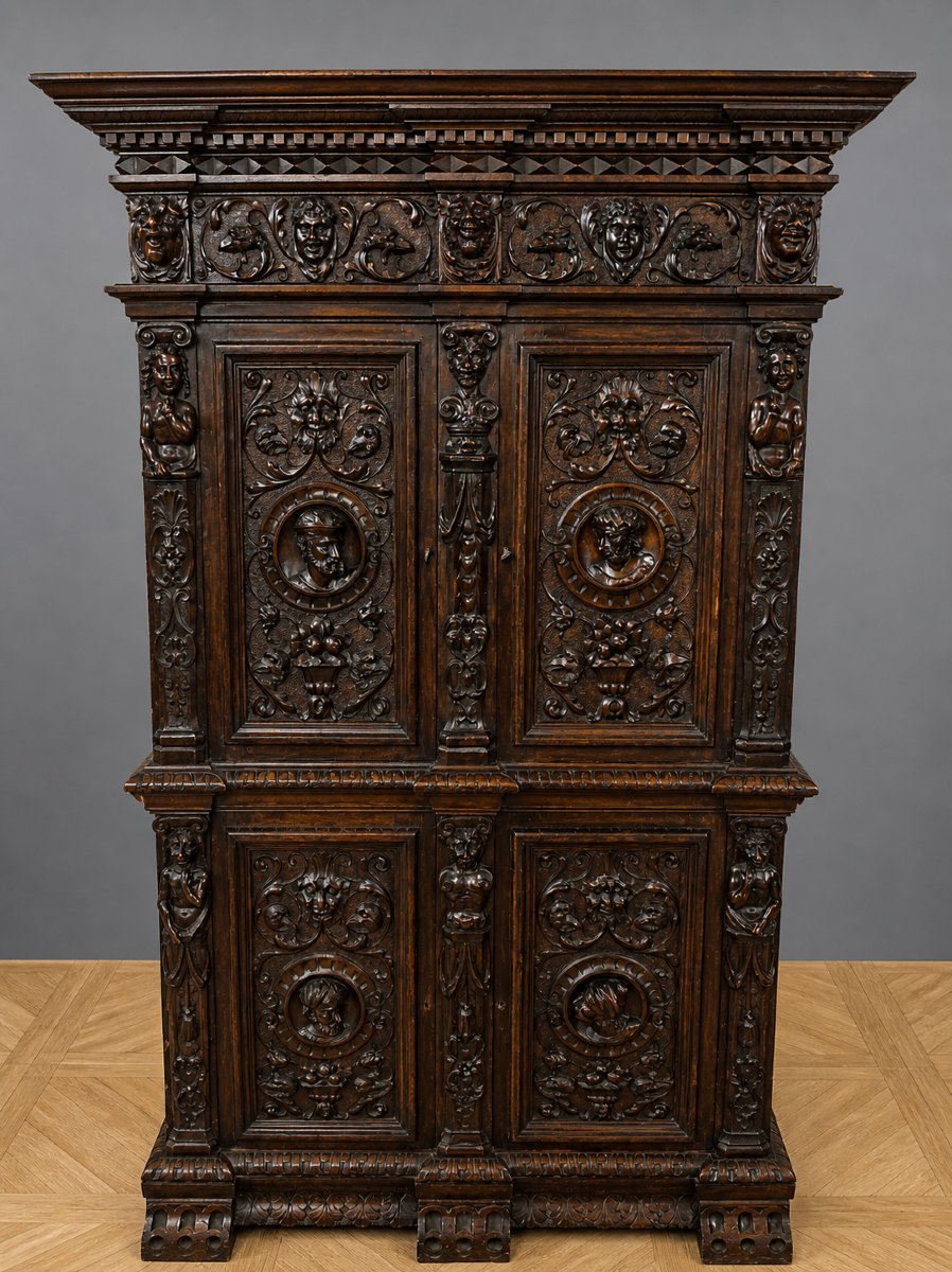 Sumptuous Cabinet In Solid Wood, Richly Carved In The Flemish Renaissance Style-photo-1