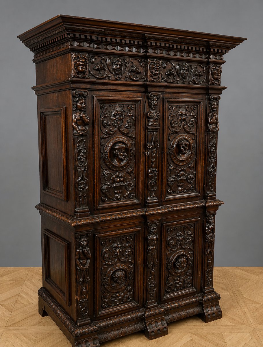 Sumptuous Cabinet In Solid Wood, Richly Carved In The Flemish Renaissance Style-photo-2