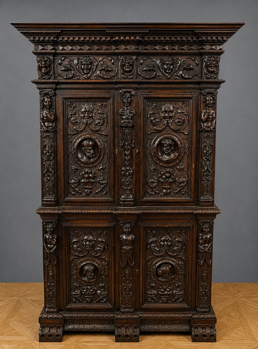 Sumptuous Cabinet In Solid Wood, Richly Carved In The Flemish Renaissance Style-photo-3