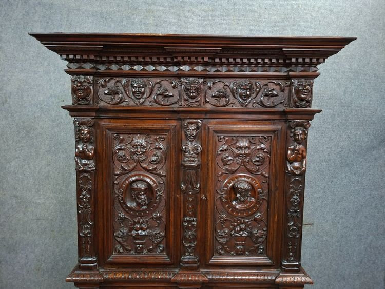 Sumptuous Cabinet In Solid Wood, Richly Carved In The Flemish Renaissance Style-photo-4