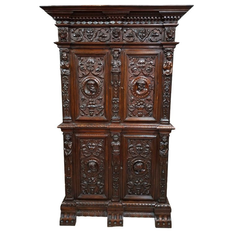 Sumptuous Cabinet In Solid Wood, Richly Carved In The Flemish Renaissance Style-photo-5