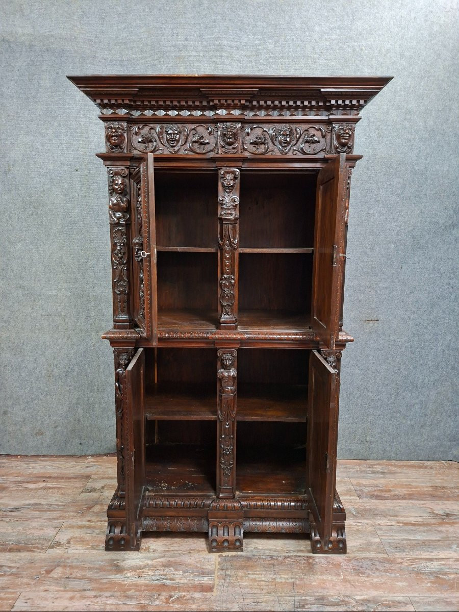 Sumptuous Cabinet In Solid Wood, Richly Carved In The Flemish Renaissance Style-photo-7