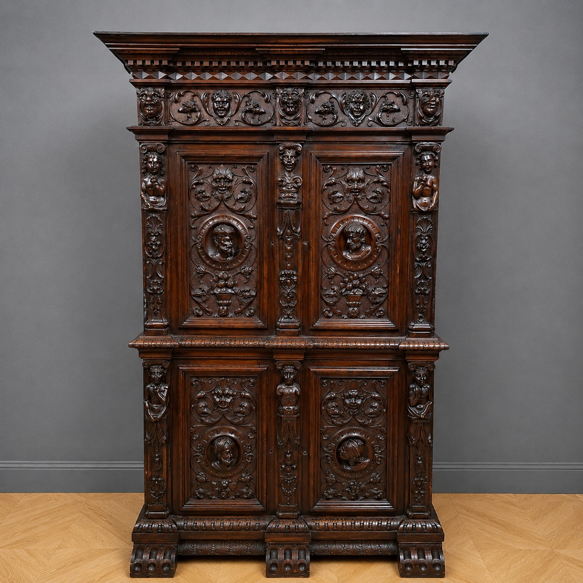 Sumptuous Cabinet In Solid Wood, Richly Carved In The Flemish Renaissance Style