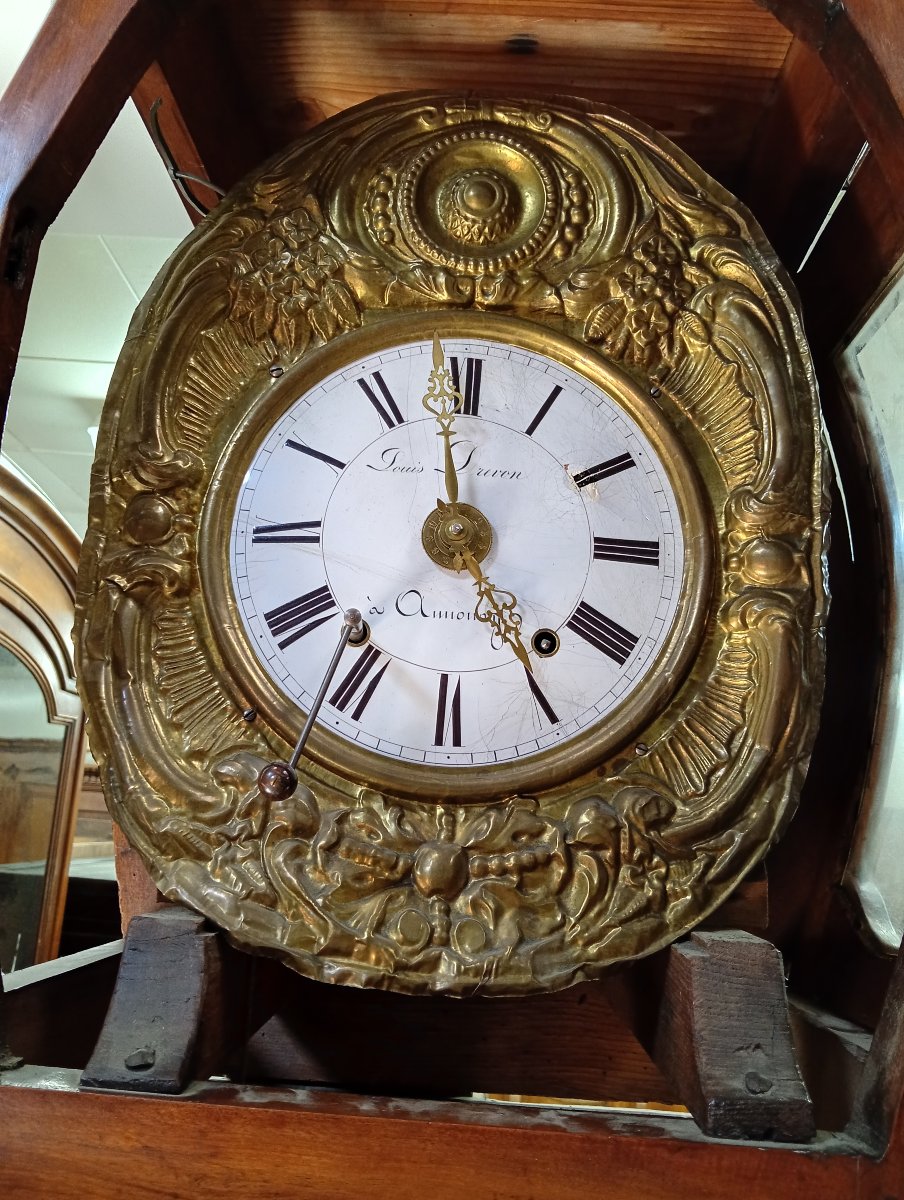 Rare horloge comtoise d’époque XVIIIᵉ siècle en noyer massif et marquéterie-photo-5