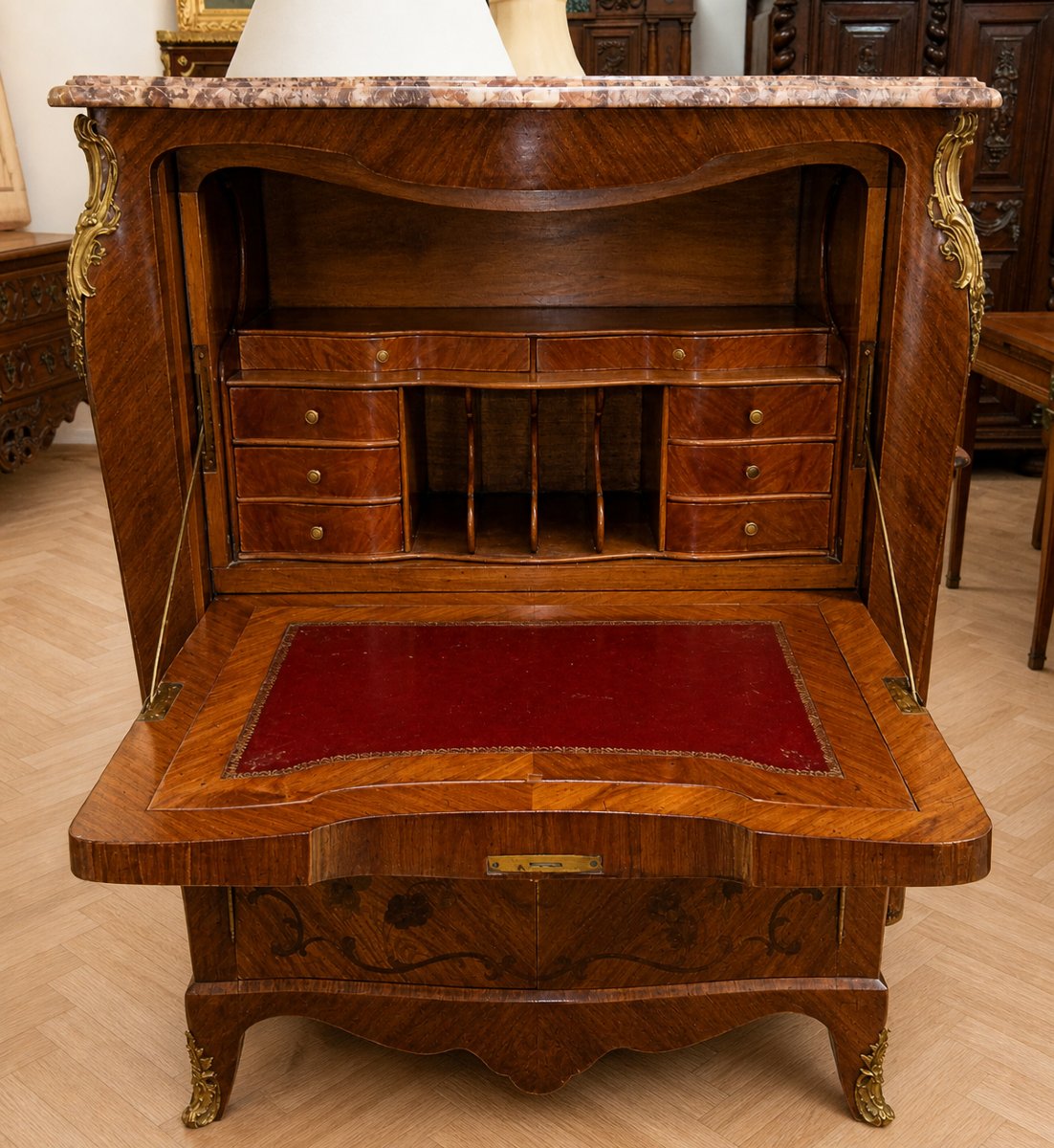 Large Louis XV Style Secretary In Floral Marquetry-photo-2