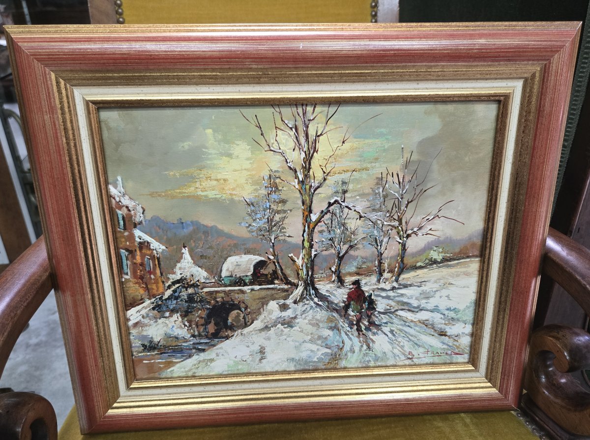 Oil On Panel Signed B. Franco Depicting An Animated Winter Landscape-photo-1