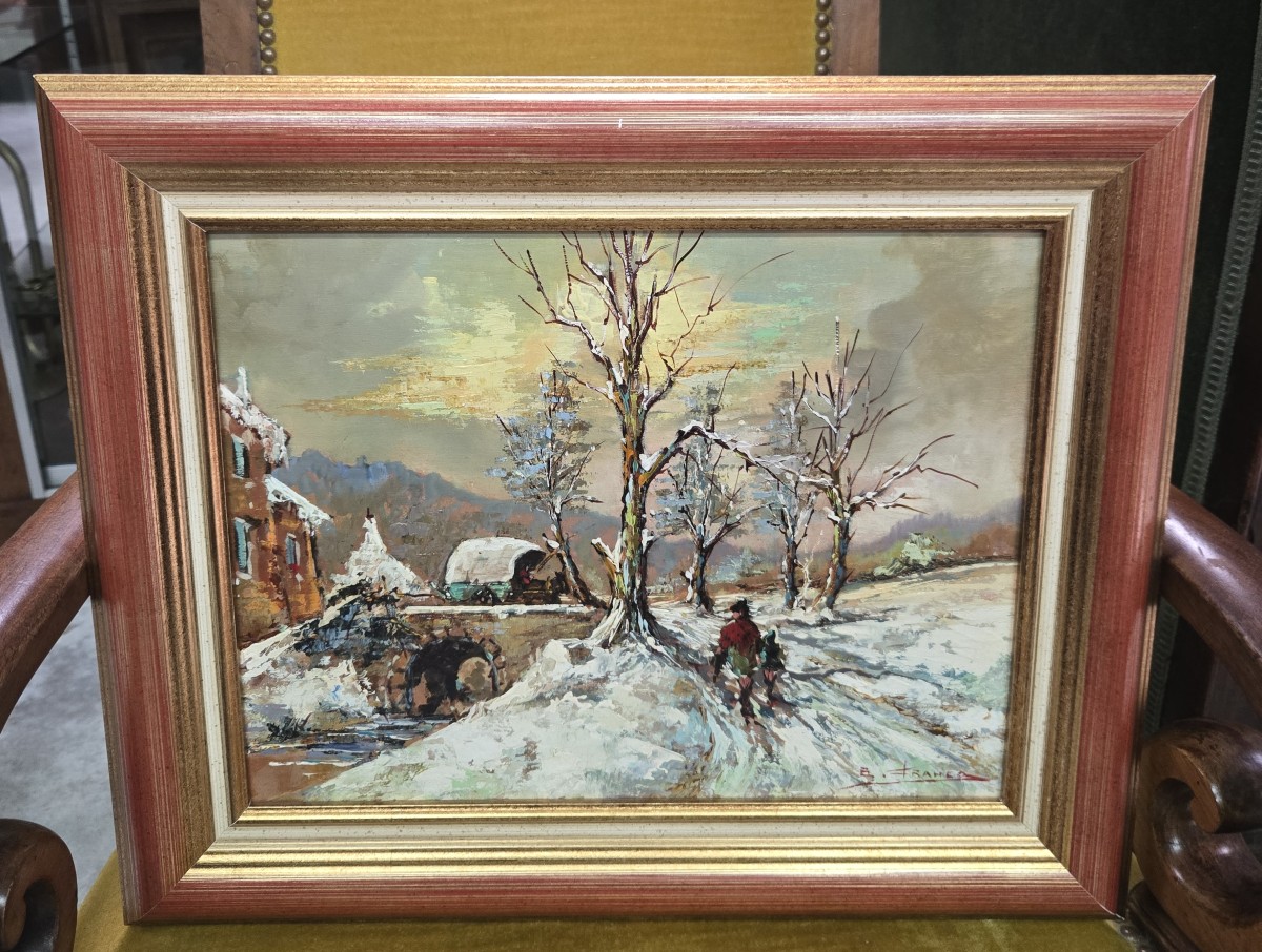 Oil On Panel Signed B. Franco Depicting An Animated Winter Landscape