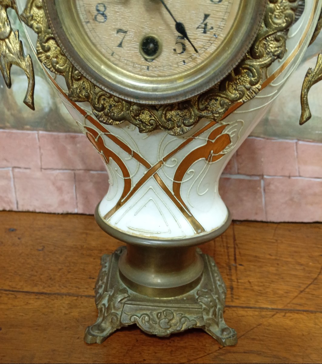 Large Art Nouveau Clock In Gilt Bronze And Regule And Porcelain-photo-2