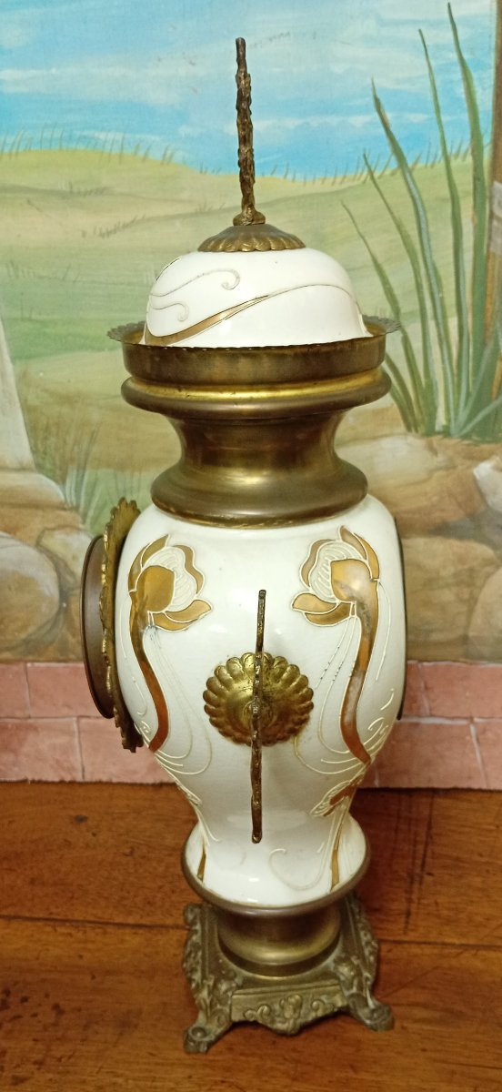 Large Art Nouveau Clock In Gilt Bronze And Regule And Porcelain-photo-5