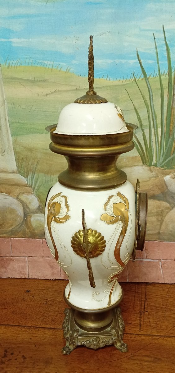 Large Art Nouveau Clock In Gilt Bronze And Regule And Porcelain-photo-7