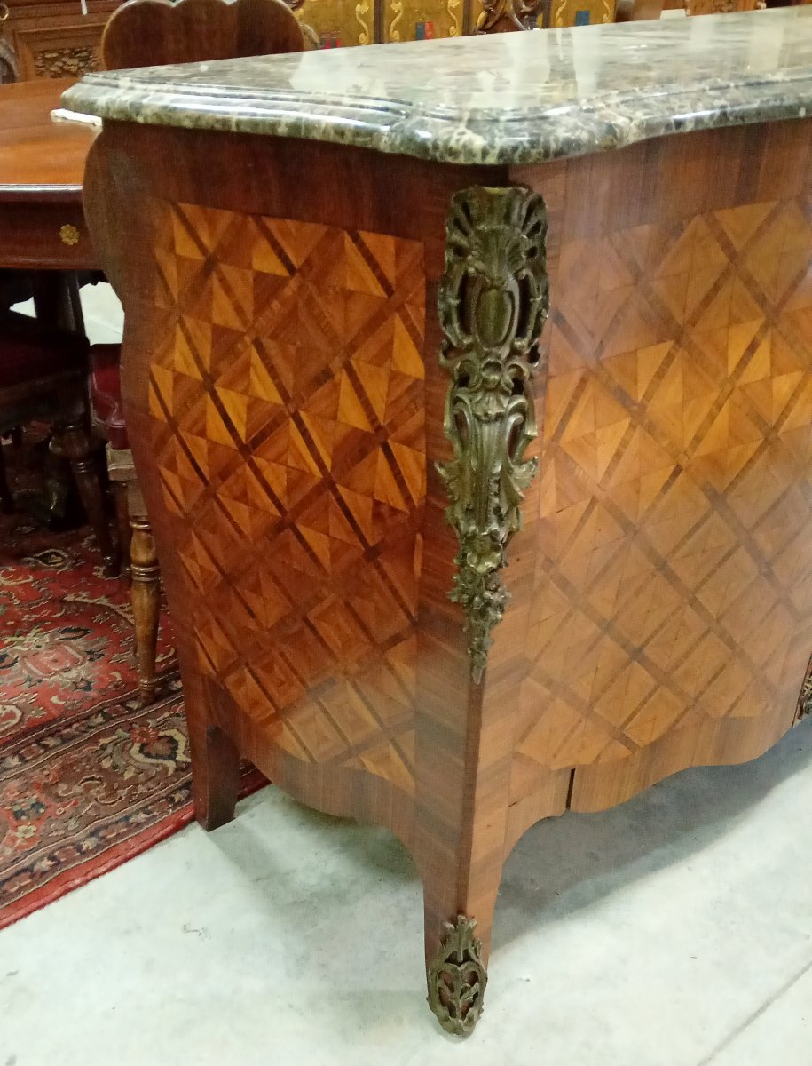 Louis XV Style Marquetry Chest Of Drawers With Curved Doors - Marble Top-photo-1