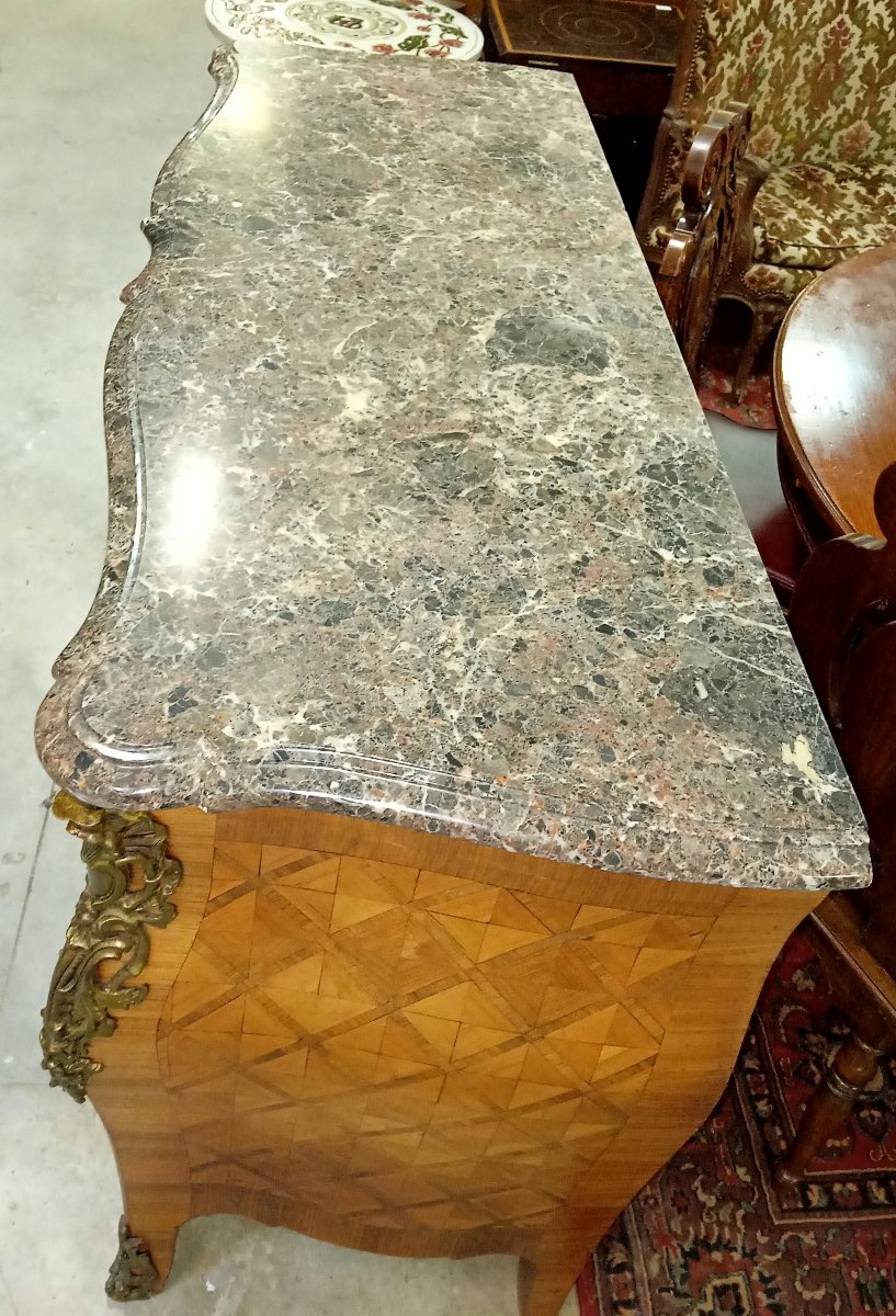 Louis XV Style Marquetry Chest Of Drawers With Curved Doors - Marble Top-photo-3