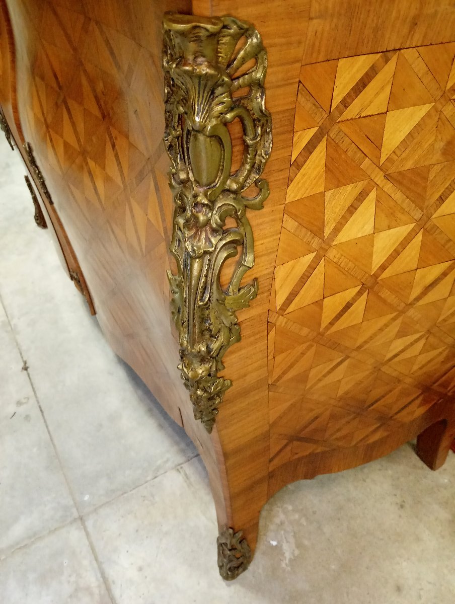 Louis XV Style Marquetry Chest Of Drawers With Curved Doors - Marble Top-photo-5