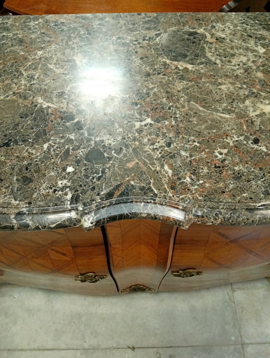 Louis XV Style Marquetry Chest Of Drawers With Curved Doors - Marble Top-photo-8