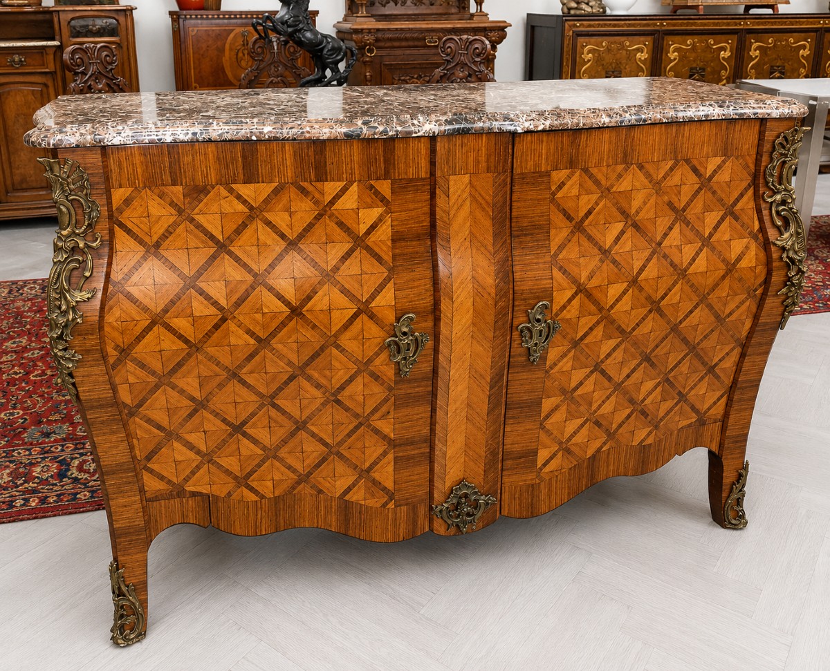 Louis XV Style Marquetry Chest Of Drawers With Curved Doors - Marble Top