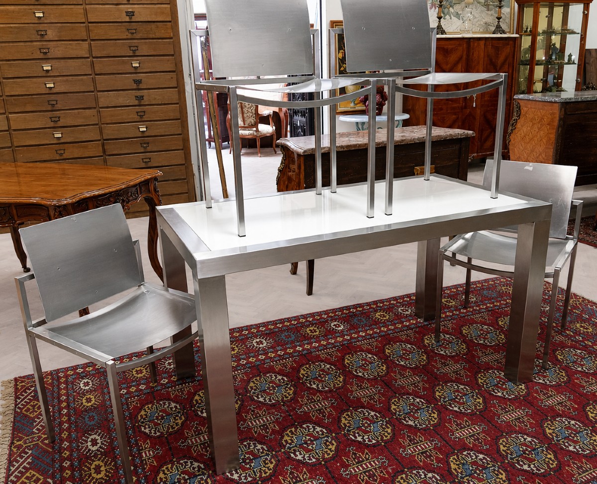 Design Dining Suite In Brushed Steel - Table And Four Chairs