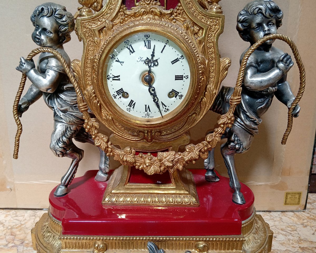 Pendule lyre aux angelots en bronze et régule patiné et doré-photo-2