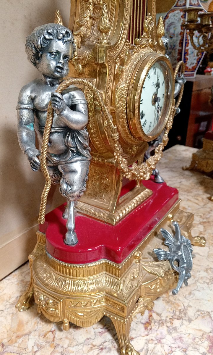 Pendule lyre aux angelots en bronze et régule patiné et doré-photo-4