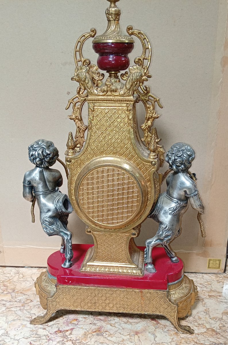Pendule lyre aux angelots en bronze et régule patiné et doré-photo-7