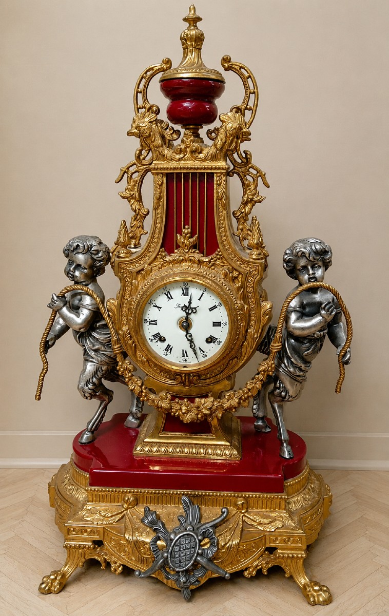 Pendule lyre aux angelots en bronze et régule patiné et doré