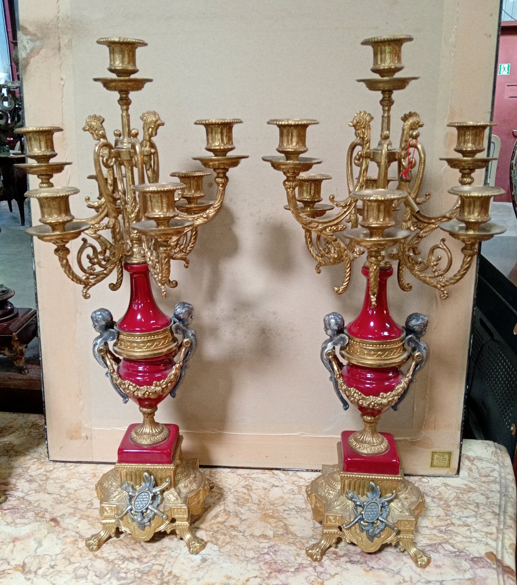 Pair Of Six-light Candelabra In Ormolu And Patinated Bronze-photo-1