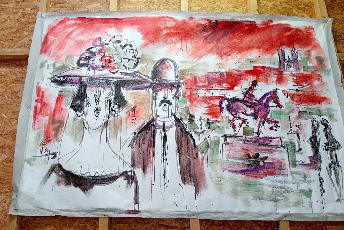Grande huile sur toile figurative expressionniste / 260 x 230 cm-photo-1