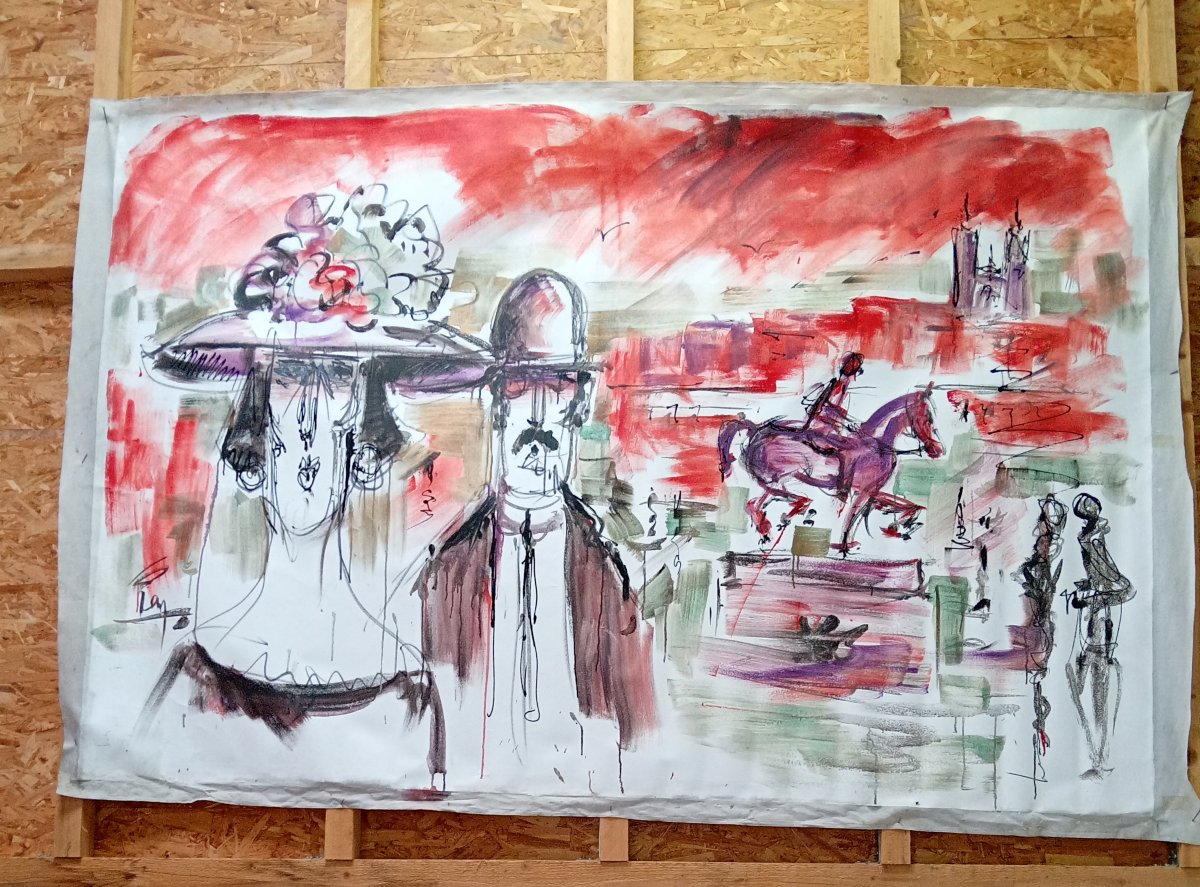 Grande huile sur toile figurative expressionniste / 260 x 230 cm-photo-3