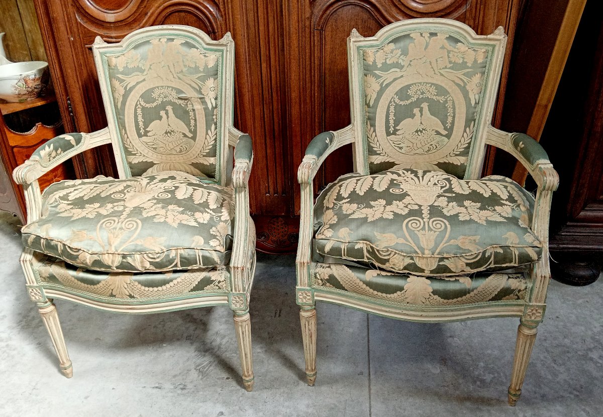 Pair Of Large Louis XVI Bergères In Water Green And Cream Rechambered Wood, Late 19th Century-photo-1